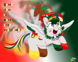 Size: 5411x4361 | Tagged: safe, artist:php178, oc, oc only, oc:mayonnaise cinch, bird, eagle, pegasus, pony, snake, .svg available, 2023, :d, adorable face, big smile, celebration, chest feathers, chest fluff, cinco de mayo, claw hold, claws, clothes, coat markings, colored pupils, colored wings, colored wingtips, colors, crown, cute, cute face, cute smile, depth of field, droste effect, equestria font, face paint, female, flag, floral head wreath, flower, flying, folded wings, food, gradient background, happy, holiday, hooves, inkscape, jar, jewelry, leaves, leonine tail, looking up, mare, mayonnaise, memorial, mexican, mexican flag, mexico, mismatched socks, mismatched tail, mouth hold, movie accurate, multicolored eyes, multicolored hooves, multicolored mane, multicolored tail, multicolored wings, nc-tv signature, open mouth, open smile, patron, pegasus oc, platform, ponified, recursion, recursive fanart, regalia, representative, ribbon, rose, rule 85, sauce, short mane, signature, smiling, socks, socks (coat markings), solo, spread wings, svg, tail, tail feathers, text, transparent background, vector, wall of tags, wings, wreath