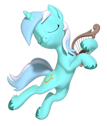 Size: 1700x2000 | Tagged: safe, artist:owlpirate, lyra heartstrings, pony, unicorn, g4, 3d, belly, dexterous hooves, eyes closed, female, hoof hold, lyre, mare, musical instrument, simple background, smiling, solo, source filmmaker, transparent background, unshorn fetlocks