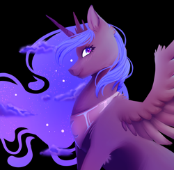 Size: 3889x3801 | Tagged: safe, artist:snailswails, princess luna, alicorn, pony, g4, black background, blushing, cloud, ethereal mane, female, high res, jewelry, looking at you, mare, profile, regalia, simple background, sky mane, smiling, solo, spread wings, starry mane, wings