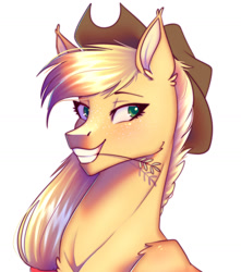 Size: 1280x1446 | Tagged: safe, artist:snailswails, applejack, earth pony, pony, g4, applejack's hat, bust, cowboy hat, female, grin, hat, lidded eyes, mare, portrait, simple background, smiling, solo, straw in mouth, white background