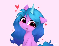 Size: 1368x1074 | Tagged: dead source, safe, artist:petaltwinkle, izzy moonbow, pony, unicorn, g5, cute, eye clipping through hair, female, floating heart, happy, heart, izzybetes, looking at you, mare, open mouth, open smile, pink background, simple background, smiling, smiling at you, solo