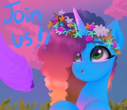 Size: 1024x892 | Tagged: safe, alternate version, artist:petaltwinkle, izzy moonbow, misty brightdawn, pony, unicorn, g5, alternate hair color, bust, crying, disembodied hoof, duo, eye clipping through hair, female, floral head wreath, flower, looking up, mare, offscreen character, open mouth, open smile, rebirth misty, smiling, solo focus, sunset, tears of joy, teary eyes