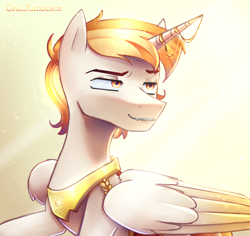 Size: 2800x2648 | Tagged: safe, artist:opal_radiance, oc, oc only, oc:sunshine splendor, alicorn, pony, alicorn oc, bright, colored wings, eyebrows, folded wings, gradient wings, grin, high res, horn, ko-fi reward, lighting, male, peytral, smiling, solo, stallion, sun, wings