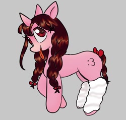 Size: 892x848 | Tagged: safe, artist:anonymare, oc, oc only, oc:bunnyhalo, pony, unicorn, braid, braided tail, concave belly, female, gray background, mare, simple background, solo, tail, tongue out