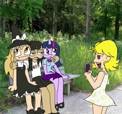 Size: 917x852 | Tagged: safe, artist:anonymare, twilight sparkle, human, unicorn, anthro, g4, :t, arm on shoulder, bench, butters stotch, cellphone, clothes, crossover, dress, equestria girls outfit, female, horn, kirisame marisa, lesbian, marjorine, phone, polyamory, self insert, skirt, smoking, south park, taking a photo, touhou