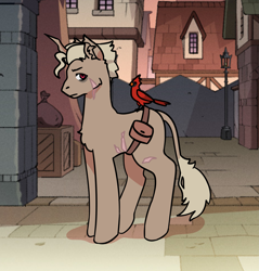 Size: 2973x3112 | Tagged: safe, artist:hederacea, bird, cardinal, classical unicorn, pony, unicorn, spoiler:the owl house, cel shading, cloven hooves, flapjack (the owl house), grimwalker, high res, horn, hunter (the owl house), leonine tail, palisman, ponified, scar, shading, spoilers for another series, spoilers in the comments, the owl house, unshorn fetlocks