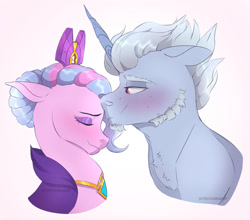 Size: 1280x1126 | Tagged: safe, artist:primrosepaper, alphabittle blossomforth, queen haven, pegasus, pony, unicorn, g5, adorahaven, alphabetes, blushing, crown, cute, duo, duo male and female, eyes closed, female, jewelry, male, mare, nuzzling, regalia, ship:alphahaven, shipping, smiling, stallion, straight