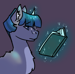 Size: 809x796 | Tagged: safe, artist:hederacea, stygian, pony, unicorn, g4, book, chest fluff, ear fluff, glasses, glowing, glowing horn, horn, looking at something, magic, male, simple background, solo, stallion