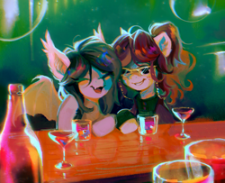 Size: 2690x2179 | Tagged: safe, artist:dearmary, oc, oc only, oc:boggy, oc:isadora inkwell, bat pony, earth pony, pony, bat pony oc, blush sticker, blushing, bookworm, commission, drinking, drunk, duo, earth pony oc, female, high res, mare