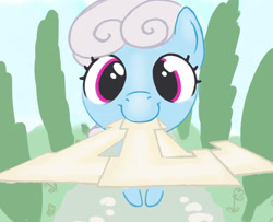 Size: 1280x1041 | Tagged: safe, artist:mandumustbasukanemen, edit, linky, shoeshine, earth pony, pony, g4, alphabet, background pony, close-up, female, letter l, looking at you, mare, meme, mouth hold, offering, perspective, smiling, smiling at you, solo, take the l