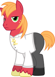 Size: 1081x1521 | Tagged: safe, artist:edy_january, edit, vector edit, big macintosh, earth pony, pony, g4, balenciaga, balenciaga fashion show 2023, base used, black pants, clothes, cold face, denim, fashion, fashion show, freckles, jeans, jewelry, lidded eyes, long pants, looking at you, male, model, modeling, necklace, pants, shirt, shoes, short mane, short tail, simple background, solo, stallion, tail, the big ben, transparent background, unamused, unshorn fetlocks, vector, white shirt