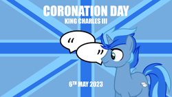 Size: 1996x1125 | Tagged: safe, artist:quoterific, oc, oc only, oc:quoterific, pony, unicorn, blue coat, blue eyes, blue mane, blue tail, current events, horn, king charles iii, male, solo, stallion, tail, two toned mane, two toned tail, unicorn oc, united kingdom