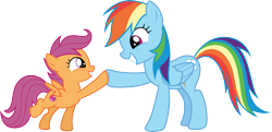 Size: 6177x3000 | Tagged: safe, artist:cloudy glow, rainbow dash, scootaloo, pegasus, pony, crusaders of the lost mark, g4, .ai available, cute, cutealoo, dashabetes, duo, duo female, female, filly, foal, hoofbump, mare, proud, scootalove, siblings, simple background, sisters, smiling, transparent background, vector