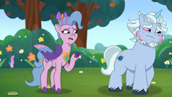 Size: 3072x1727 | Tagged: safe, screencap, alphabittle blossomforth, queen haven, pegasus, pony, unicorn, g5, mare family mare problems, my little pony: tell your tale, spoiler:g5, spoiler:my little pony: tell your tale, spoiler:tyts01e51, duo, duo male and female, female, frown, male, mare, open mouth, stallion, swollen