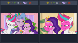 Size: 3072x1712 | Tagged: safe, edit, edited screencap, editor:itsmgh1203, screencap, pipp petals, queen haven, zipp storm, pegasus, pony, derpibooru, g5, mare family mare problems, my little pony: tell your tale, spoiler:g5, spoiler:my little pony: tell your tale, spoiler:tyts01e51, cropped, female, frown, juxtaposition, mare, meta, mud mask, pipp petals is not amused, royal sisters (g5), siblings, sisters, smiling, trio, trio female, unamused, zipp storm is not amused