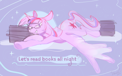 Size: 1127x702 | Tagged: safe, artist:littmosa, twilight sparkle, alicorn, pony, g4, abstract background, book, commission, glasses, looking at you, moon, sketch, sky, spread wings, stars, text, that pony sure does love books, twilight sparkle (alicorn), wings, your character here