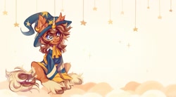 Size: 1280x709 | Tagged: safe, artist:vanilla-chan, oc, oc only, pony, unicorn, clothes, cute, glasses, hat, horn, horn jewelry, horn ring, jewelry, ocbetes, ring, sitting, smiling, solo, sparkles, stars, unicorn oc, wizard hat