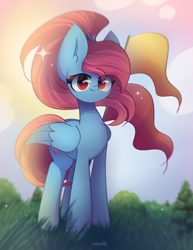 Size: 1700x2200 | Tagged: safe, artist:miryelis, oc, oc only, oc:rainven wep, pegasus, pony, big ears, flag, forest, grass, looking at you, ponytail, red eyes, signature, sky, smiling, solo, sparkles, standing, tail