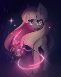 Size: 1600x2000 | Tagged: safe, artist:miryelis, oc, oc only, oc:shenn brale, earth pony, pony, big ears, book, dark background, glowing, glowing eyes, long hair, looking at you, magic, signature, solo, sparkles, standing