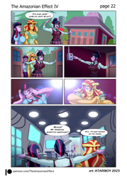 Size: 2726x3802 | Tagged: safe, artist:atariboy2600, artist:bluecarnationstudios, sci-twi, spike, sunset shimmer, twilight sparkle, dog, human, comic:the amazonian effect, comic:the amazonian effect iv, equestria girls, g4, breasts, buff breasts, busty sci-twi, busty sunset shimmer, clothes, comic, duality, female, grin, high res, muscles, muscular female, open mouth, sci-twi's house, smiling, spike the dog, sunset lifter, twolight