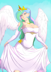 Size: 2894x4093 | Tagged: safe, artist:symptom99, princess celestia, human, g4, alicorn humanization, bare shoulders, big breasts, breasts, busty princess celestia, cleavage, clothes, crown, dress, female, high res, horn, horned humanization, humanized, jewelry, looking at you, pale skin, regalia, smiling, solo, strapless, winged humanization, wings