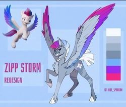 Size: 1424x1218 | Tagged: safe, artist:inky_sparrow, zipp storm, pegasus, pony, g5, blue background, color palette, female, flying, mare, name, redesign, signature, simple background, solo, spread wings, wings