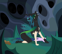 Size: 2052x1795 | Tagged: safe, artist:redpaladin, queen chrysalis, oc, changeling, changeling queen, human, g4, clothes, human to changeling, human to pony, male to female, open mouth, rule 63, transformation, transgender transformation, wings