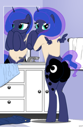 Size: 1556x2368 | Tagged: safe, artist:redpaladin, princess luna, oc, alicorn, human, pony, g4, bathroom, bipedal, butt, human to pony, light skin, looking at you, male to female, mid-transformation, mirror, moonbutt, plot, rear view, reflection, rule 63, short tail, shy, sink, small wings, solo, tail, transformation, transgender transformation, wings