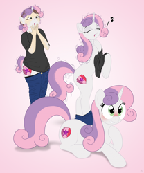 Size: 1752x2103 | Tagged: safe, artist:redpaladin, sweetie belle, oc, human, pony, unicorn, g4, bipedal, blushing, butt, clothes, eyes closed, female, gradient background, grin, human to pony, lying down, male to female, mane, mare, mid-transformation, nervous, nervous smile, older, older sweetie belle, prone, rule 63, sequence, singing, smiling, tail, transformation, transformation sequence, transgender transformation