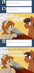 Size: 720x1520 | Tagged: safe, artist:dougboard, oc, oc:buttermilk (jitterbug-cafe), oc:dusty (jitterbug-cafe), earth pony, pegasus, pony, tumblr:jitterbug cafe, blushing, male, stallion