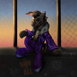 Size: 3000x3000 | Tagged: safe, artist:darklight1315, oc, oc:jeraha diub, zebra, fallout equestria, clothes, concrete, dark mirror universe, fallout equestria: mayday, fence, fur, graffiti, high res, jacket, punisher, roof, shirt, sideburns, solo, t-shirt