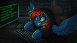 Size: 2048x1152 | Tagged: safe, artist:falafeljake, oc, oc only, oc:firewire, pegasus, pony, chair, clothes, computer mouse, eye clipping through hair, eyebrows, eyebrows visible through hair, hacker, hacking, hoodie, keyboard, male, monitor, pegasus oc, signature, solo, spread wings, stallion, wings