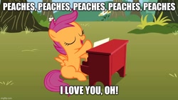 Size: 888x499 | Tagged: safe, edit, edited screencap, screencap, scootaloo, pegasus, pony, g4, the show stoppers, bowser, caption, female, filly, foal, image macro, jack black, lesbian, meme, movie reference, musical instrument, peaches (song), piano, super mario bros., text, the super mario bros. movie