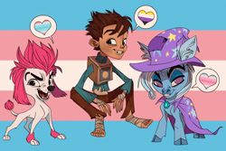 Size: 1280x853 | Tagged: safe, artist:heebjeeb, trixie, dog, human, pony, poodle, unicorn, g4, 100% wolf, eggs trubshaw, freddy lupin, pride, pride flag, trans trixie, transfeminine pride flag, transgender, transgender pride flag, transmasculine pride flag