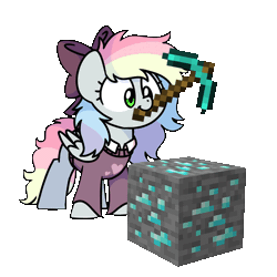 Size: 1000x1000 | Tagged: safe, artist:sugar morning, oc, oc only, oc:blazey sketch, pegasus, pony, animated, bow, clothes, diamond, diamond ore, diamond pickaxe, gif, grey fur, hair bow, minecraft, mining, mouth hold, multicolored hair, pegasus oc, pickaxe, simple background, solo, sugar morning's miners, sweater, transparent background