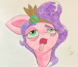 Size: 1660x1438 | Tagged: safe, artist:engi, pipp petals, pegasus, pony, g5, bags under eyes, crown, exhausted, female, jewelry, open mouth, regalia, simple background, solo, tired, tongue out, traditional art, watercolor painting