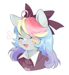 Size: 1102x1184 | Tagged: safe, artist:aniimoni, oc, oc only, oc:blazey sketch, pegasus, pony, anime, bow, bust, clothes, hair bow, happy, long hair, multicolored hair, pegasus oc, portrait, request, simple background, solo, sticker, sweater, white background