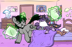 Size: 2322x1512 | Tagged: safe, artist:rivibaes, oc, oc:logic loop, oc:rivibaes, pony, unicorn, bed, bedroom, eyes closed, facial hair, female, filly, foal, horn, magic, male, mushroom, pillow, pillow fight, plushie, poster, stallion, unshorn fetlocks