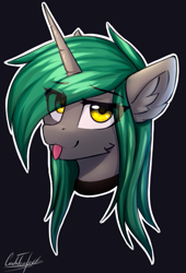 Size: 371x545 | Tagged: safe, artist:cmdrtempest, oc, oc:soft spring, pony, unicorn, :p, bust, collar, cute, looking at you, simple background, solo, sticker, tongue out