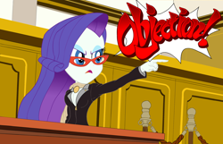 Size: 2702x1736 | Tagged: safe, artist:calmbreezes, rarity, human, equestria girls, g4, ace attorney, breasts, caption, cleavage, clothes, courtroom, glasses, image macro, lawyer, objection, parody, rarity's glasses, solo, suit, text