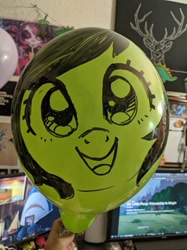 Size: 710x947 | Tagged: safe, artist:taytinabelle, oc, oc only, oc:filly anon, balloon, female, filly, hi anon, irl, looking at you, meme, paint on balloon, photo, solo