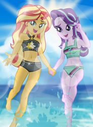 Size: 6912x9384 | Tagged: safe, artist:emeraldblast63, starlight glimmer, sunset shimmer, human, equestria girls, g4, absurd resolution, barefoot, belly button, breasts, clothes, crepuscular rays, duo, feet, female, happy, holding hands, open mouth, open smile, small breasts, smiling, stupid sexy starlight glimmer, stupid sexy sunset shimmer, sunset shimmer swimsuit, sunset shimmer's beach shorts swimsuit, swimsuit