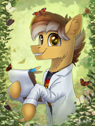 Size: 2193x2924 | Tagged: safe, artist:helmie-art, oc, oc only, butterfly, earth pony, pony, clipboard, clothes, ear fluff, earth pony oc, high res, looking at you, paper, shirt, smiling, smiling at you, solo