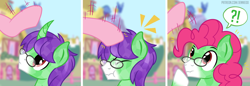 Size: 1100x378 | Tagged: safe, artist:jennieoo, pinkie pie, oc, oc:crescent star, crystal pony, earth pony, pony, unicorn, g4, comic, emanata, glasses, looking up, mane, partial transformation, scrunchy face, shocked, short comic, show accurate, simple background, surprised, transformation, twinning, vector