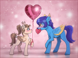 Size: 3596x2669 | Tagged: safe, artist:helmie-art, oc, oc only, oc:dima, oc:helmie, pegasus, pony, balloon, chest fluff, colored wings, female, heart, heart balloon, high res, holiday, larger male, looking at each other, looking at someone, male, mare, mouth hold, multicolored wings, oc x oc, pegasus oc, shipping, small pony, smaller female, stallion, stallion on mare, straight, tail, tail wrap, valentine's day, wings