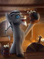 Size: 2394x3192 | Tagged: safe, artist:helmie-art, oc, oc only, earth pony, pony, braid, commission, earth pony oc, fireplace, high res, indoors, looking at you, male, mug, open mouth, open smile, shield, smiling, smiling at you, solo, stallion, sword, tavern, weapon