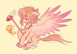 Size: 1530x1080 | Tagged: safe, artist:imalou, earth pony, pony, artificial wings, augmented, bow, cardcaptor sakura, eyes closed, hair bow, kerberos, magic, magic staff, magic wings, ponified, sakura kinomoto, simple background, sitting, solo, spread wings, staff, winged hooves, wings, yellow background