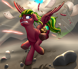 Size: 2276x2000 | Tagged: safe, artist:fluffyorbiter, oc, oc only, oc:melon heart, pegasus, pony, fallout equestria, ass up, bag, bullet, bullet hole, cloud, cloudy, crepuscular rays, energy blast, feather, fog, folded wings, galloping, green mane, gritted teeth, high res, hoofprints, implied flutterdash, implied lesbian, implied shipping, looking back, mountain, paper, pegasus oc, red coat, run for your lives, running, running away, saddle bag, scared, shooting, sky, solo focus, spread wings, stone, sun, teeth, wasteland, waving mane, weather team, wings