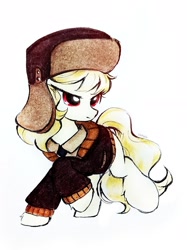 Size: 1835x2447 | Tagged: safe, artist:liaaqila, march gustysnows, earth pony, pony, g4, clothes, coat, commission, female, hat, mare, simple background, solo, traditional art, ushanka, white background