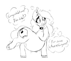Size: 1454x1243 | Tagged: safe, artist:somefrigginnerd, oc, oc only, oc:pencil test, earth pony, pony, back freckles, belly, big belly, chest fluff, choker, ear piercing, earring, earth pony oc, fat, female, food baby, freckles, grayscale, jewelry, mare, monochrome, nervous, not pregnant, piercing, simple background, stuffed, stuffed belly, thought bubble, unshorn fetlocks, white background
